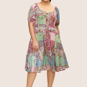 6X (30W) BloomChic Patchwork Boho Print Raglan Sleeve Midi Dress